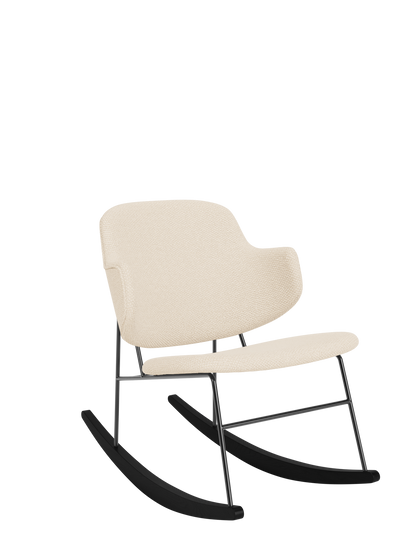 The Penguin Rocking Chair in cream Logan Jasmine upholstery with a black steel frame and dark wooden rockers.
