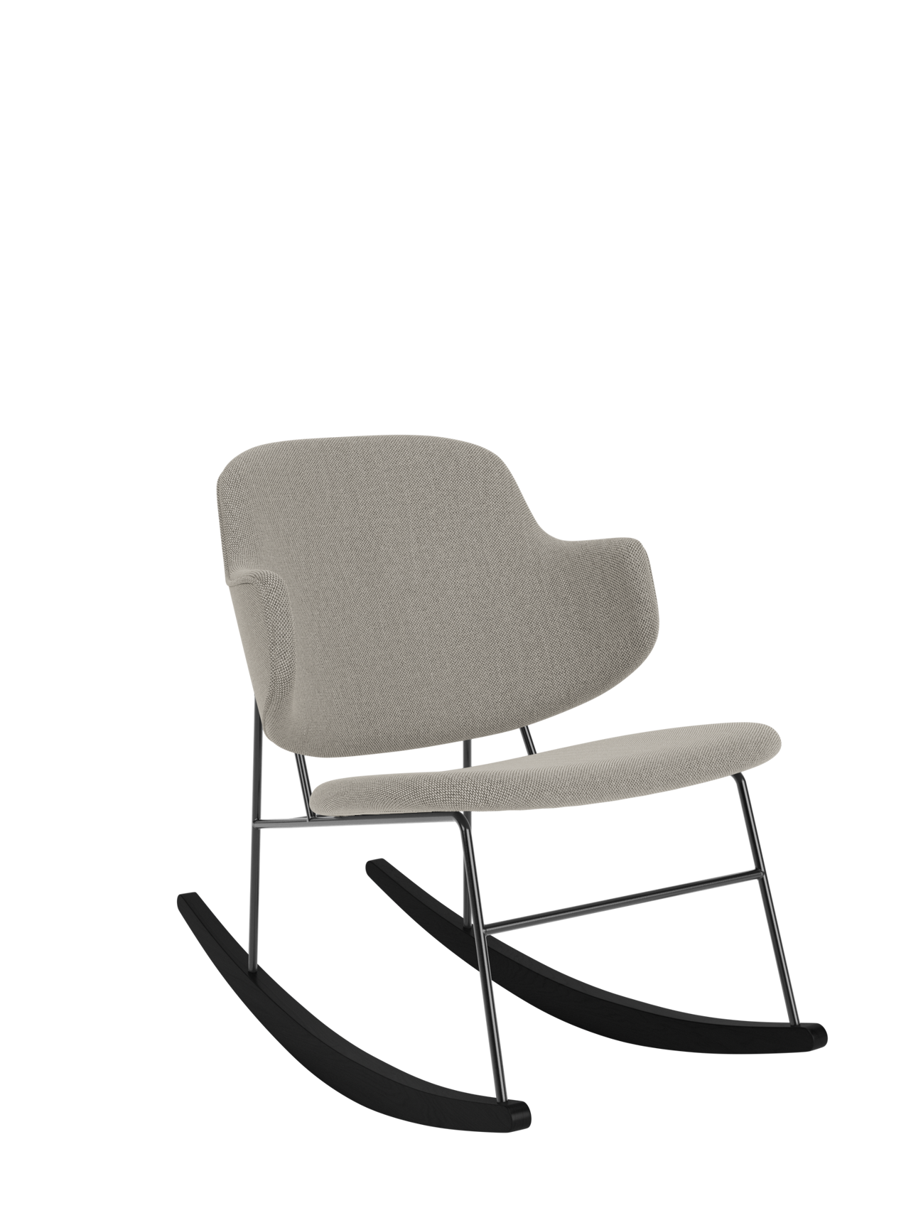 The Penguin Rocking Chair in light grey Re-wool 218 upholstery with a black steel frame and curved wooden runners.