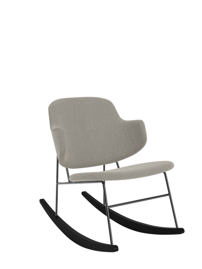 The Penguin Rocking Chair in light grey Re-wool 218 upholstery with a black steel frame and curved wooden runners.