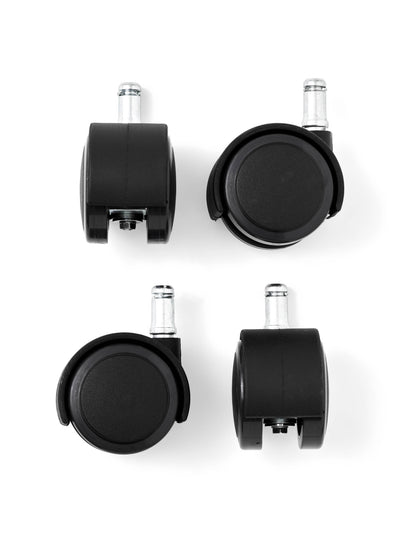 A set of four black caster wheels with metal attachment stems, photographed from above on a white background.