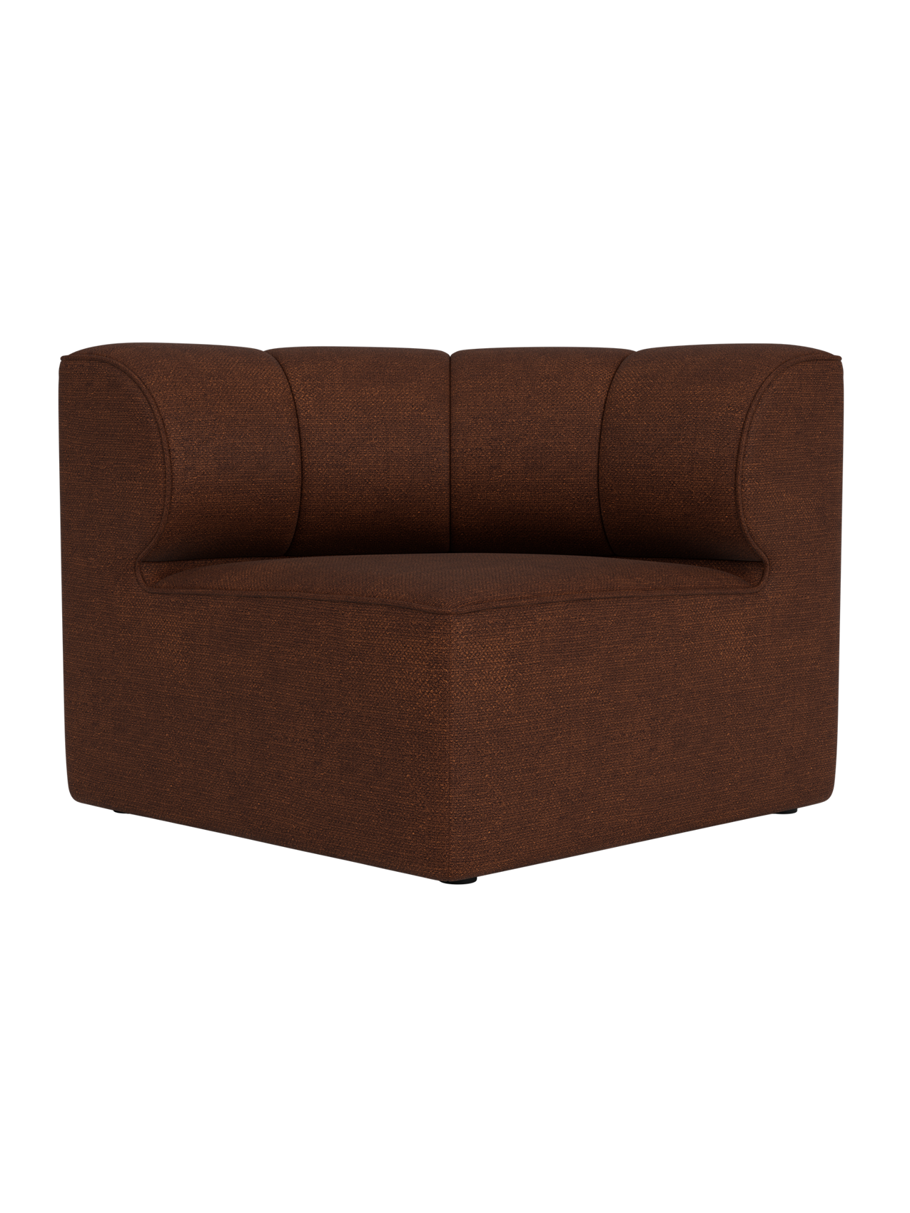 Dark brown Eave Seamline Modular Sofa concave corner module in textured Audo Bouclé 08 fabric with a curved back.