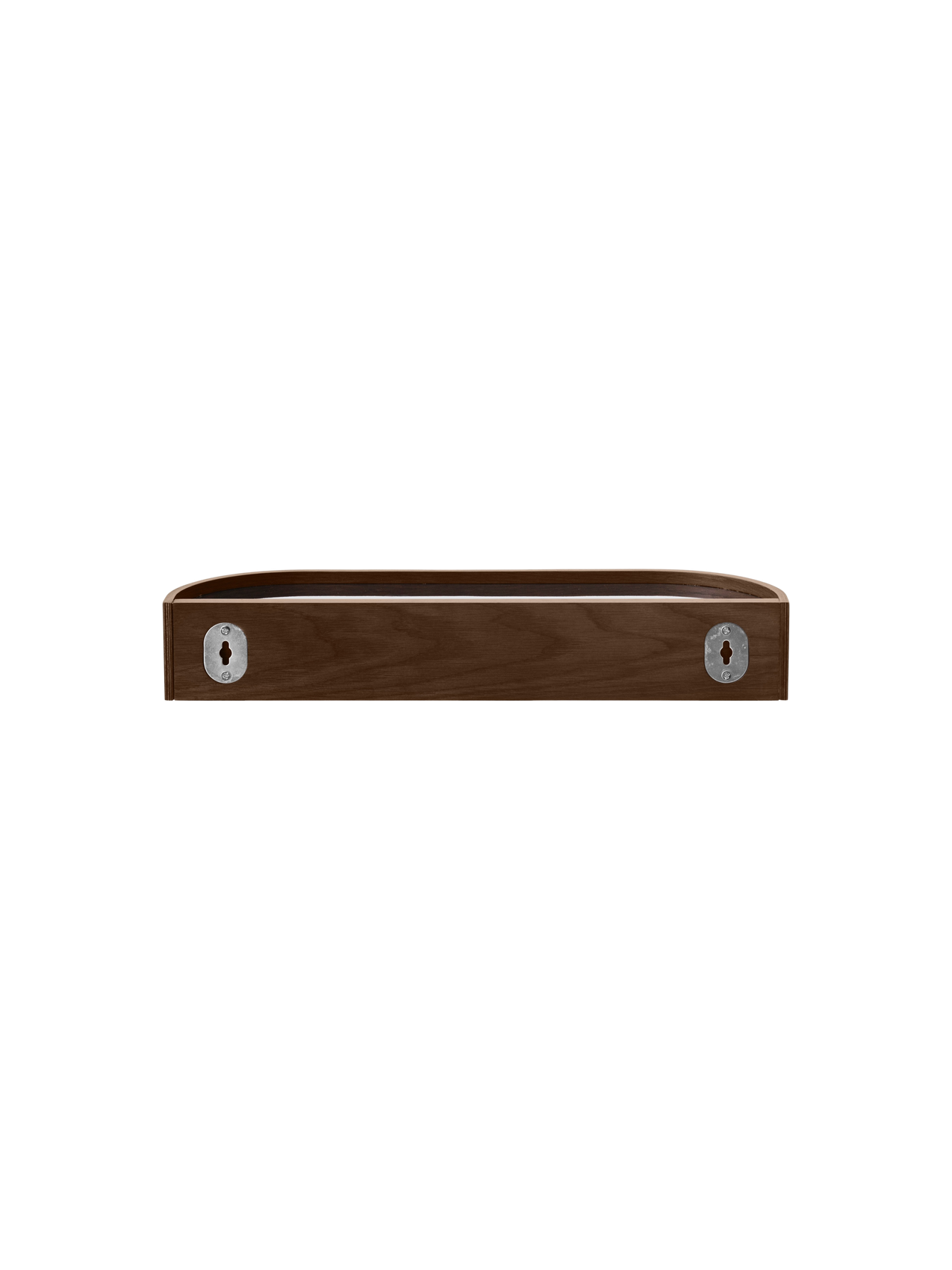 Epoch Shelf in dark stained oak, showing the back view with metal mounting brackets for wall installation.