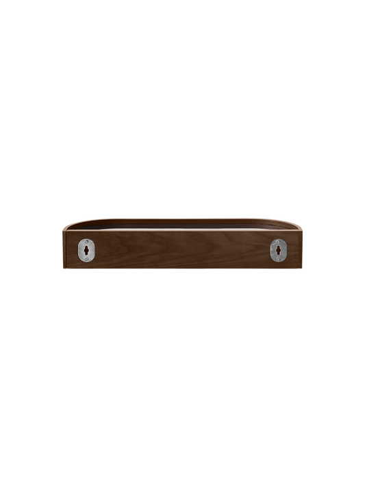 Epoch Shelf in dark stained oak, showing the back view with metal mounting brackets for wall installation.