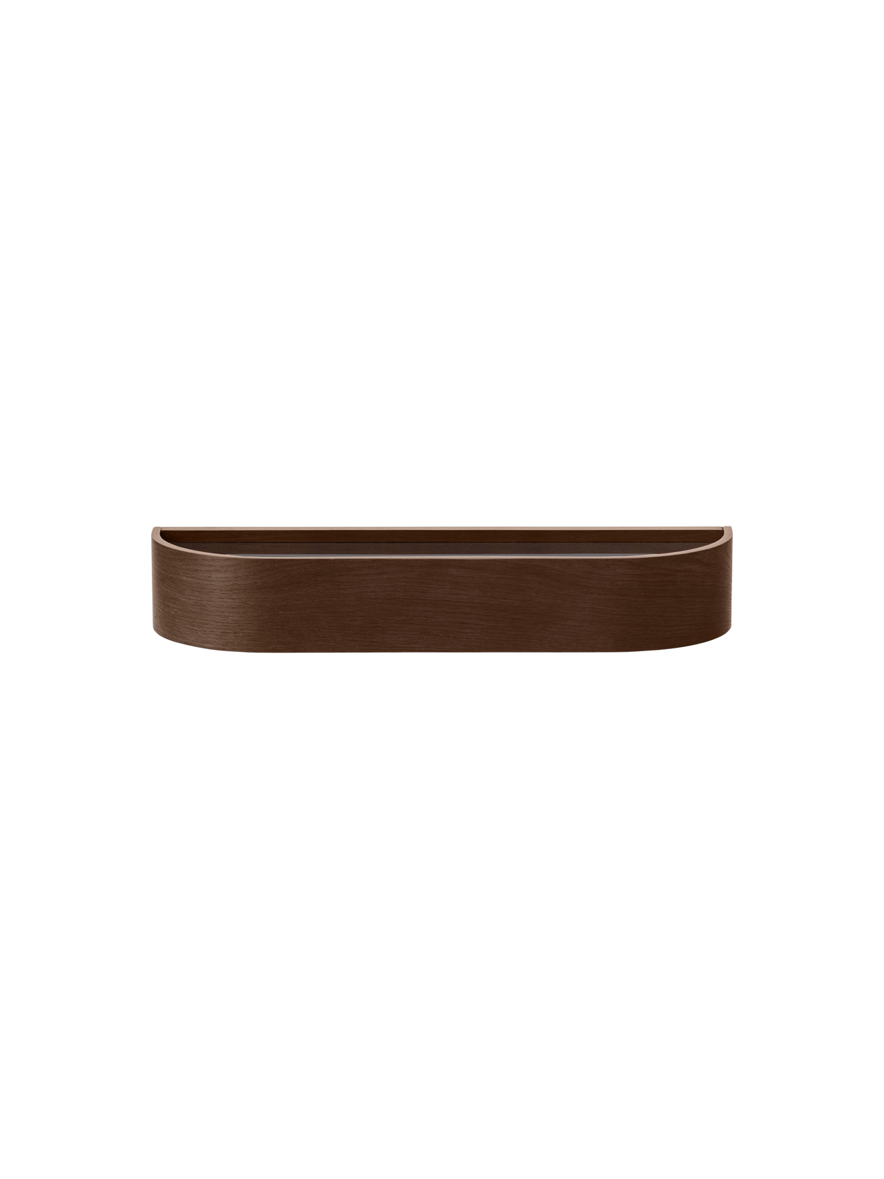Dark stained oak 50cm Epoch Shelf with a curved wood veneer frame for minimalist floating wall storage.
