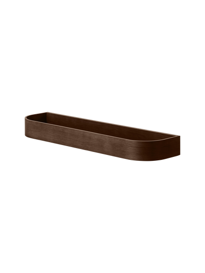 Dark stained oak Epoch Shelf with a minimalist curved wood veneer design, viewed from a high angle.