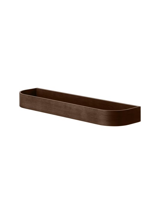 Dark stained oak Epoch Shelf with a minimalist curved wood veneer design, viewed from a high angle.
