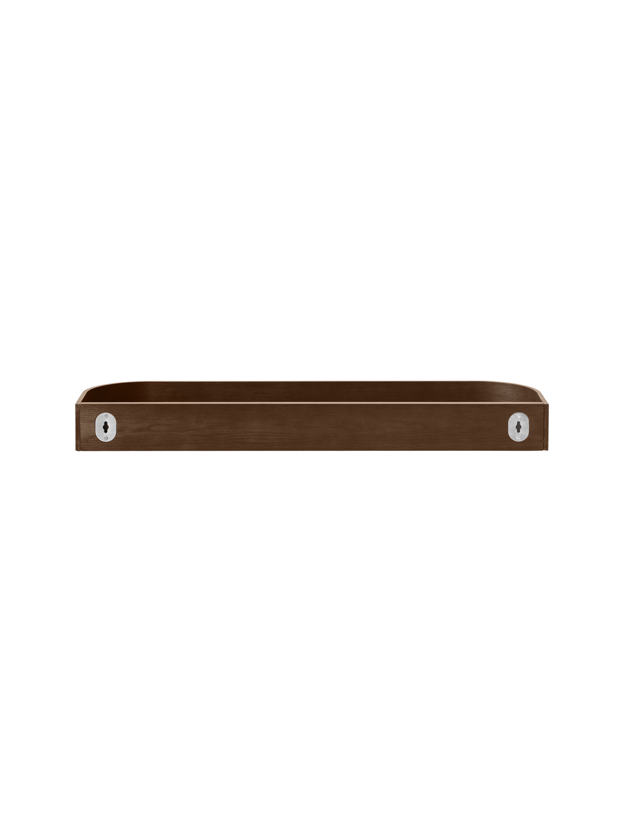 Dark stained oak Epoch Shelf showing the back with metal mounting brackets for a floating wall installation.