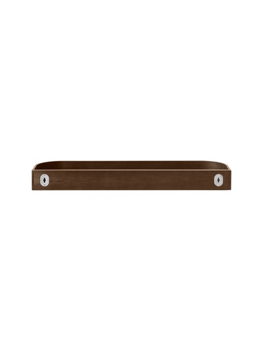 Dark stained oak Epoch Shelf showing the back with metal mounting brackets for a floating wall installation.