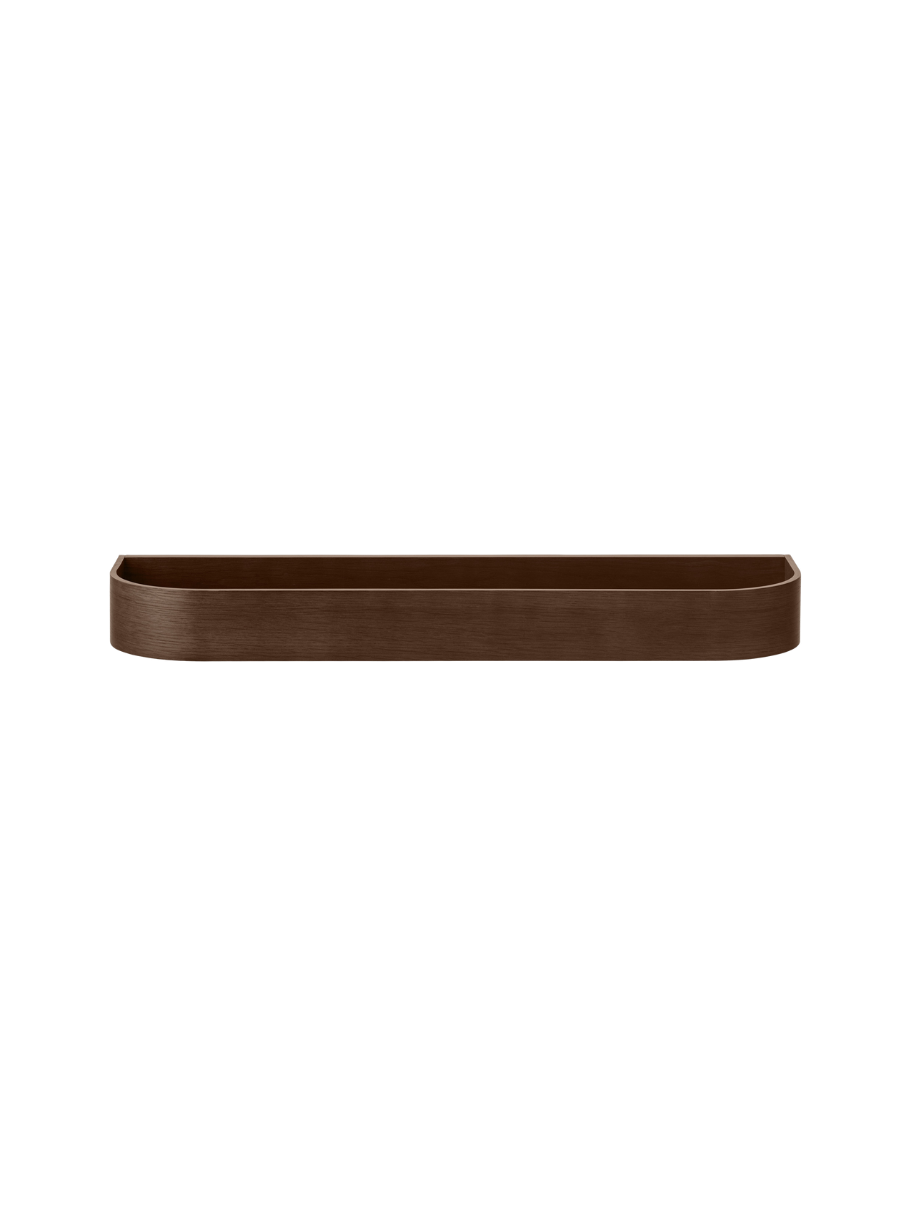 Dark stained oak Epoch Shelf with a minimalist curved wood veneer design for wall-mounted storage.