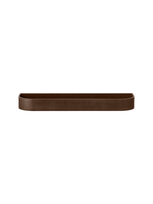 Dark stained oak Epoch Shelf with a minimalist curved wood veneer design for wall-mounted storage.