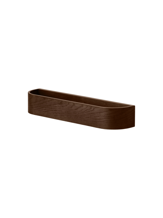 Audo Epoch Rack in dark stained oak, a minimalist 50 cm wall-mounted rack with curved edges by Nina Bruun.