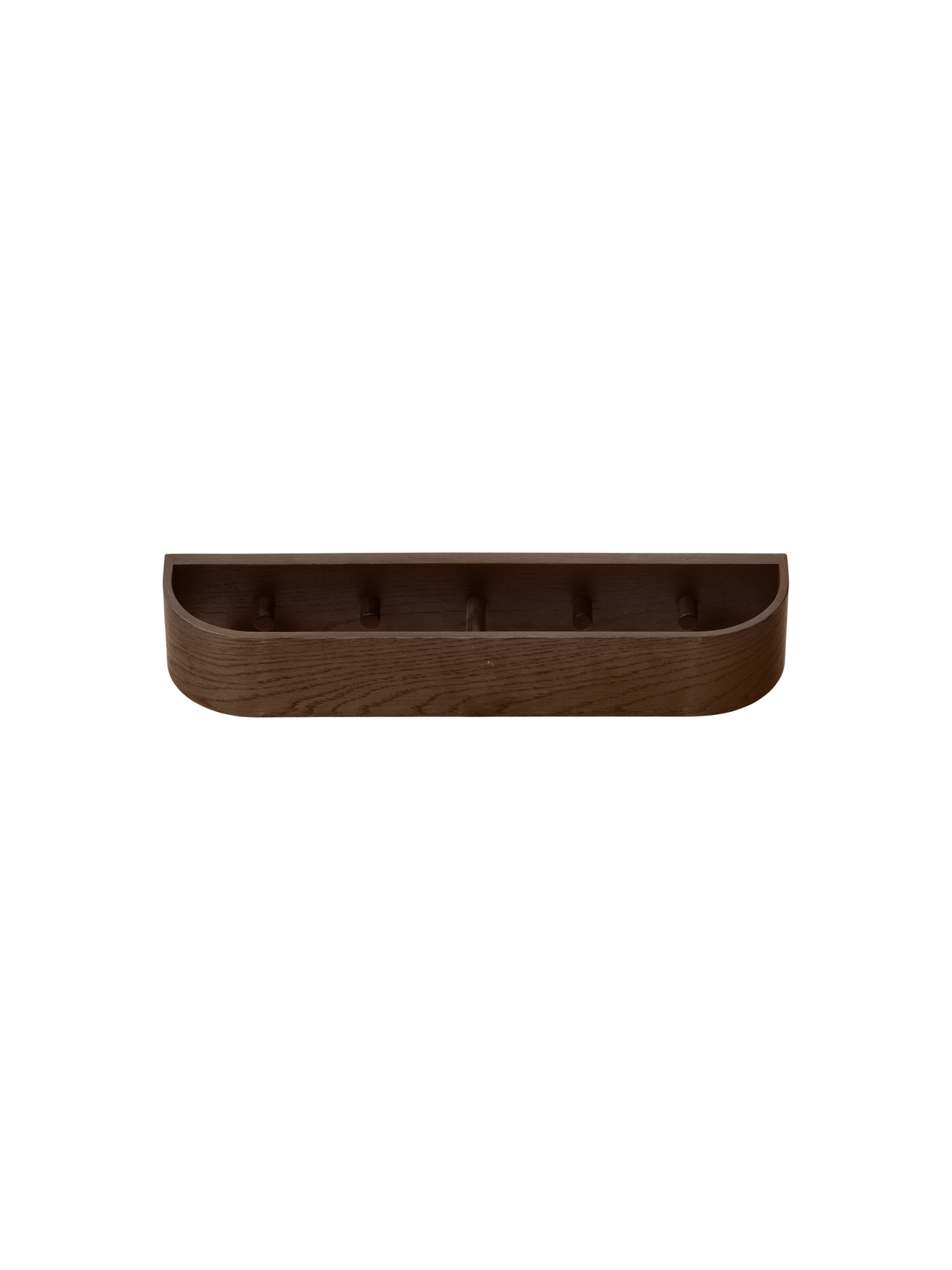 Dark stained oak Epoch Rack, a minimalist wall-mounted coat rack with a curved wood frame and hidden clothing hooks.