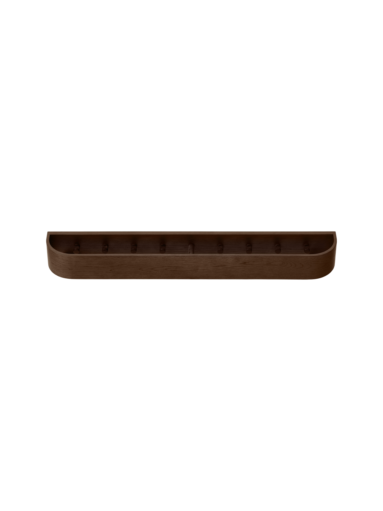 Dark stained oak Epoch Rack featuring a minimalist wall-mounted design with rounded edges and hidden clothes hooks.
