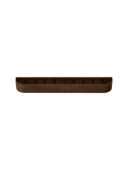 Dark stained oak Epoch Rack featuring a minimalist wall-mounted design with rounded edges and hidden clothes hooks.