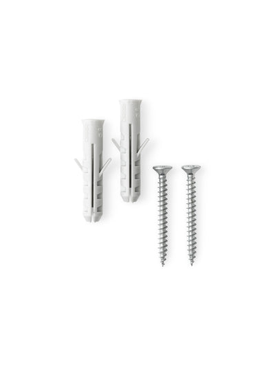 A pair of light grey plastic wall plugs shown next to two matching silver metal screws against a white background.
