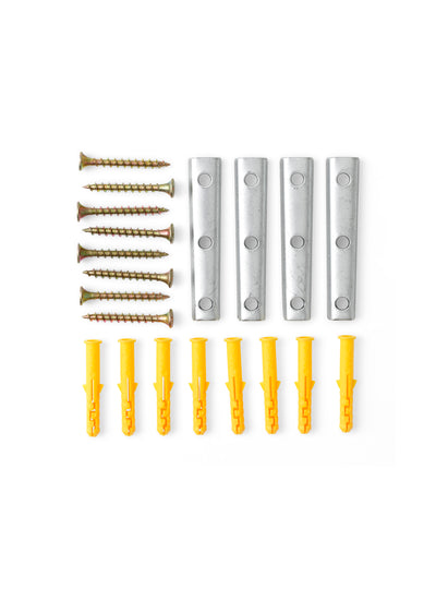Mounting hardware kit with five gold screws, four silver brackets, and six yellow plastic wall plugs, on a white background.