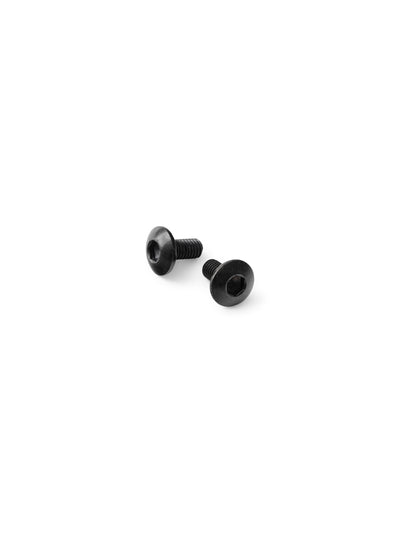 A close-up of two black, hex socket button head screws on a plain white background.