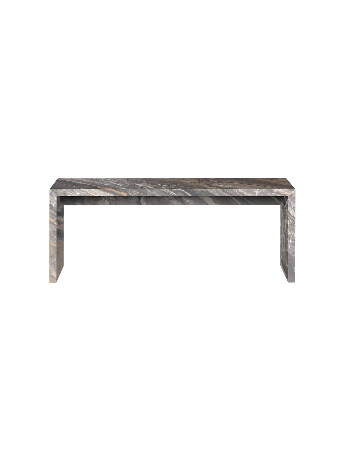 Plinth Bridge in Grey Kendzo marble, featuring a sleek silhouette and natural stone veining on a black background.