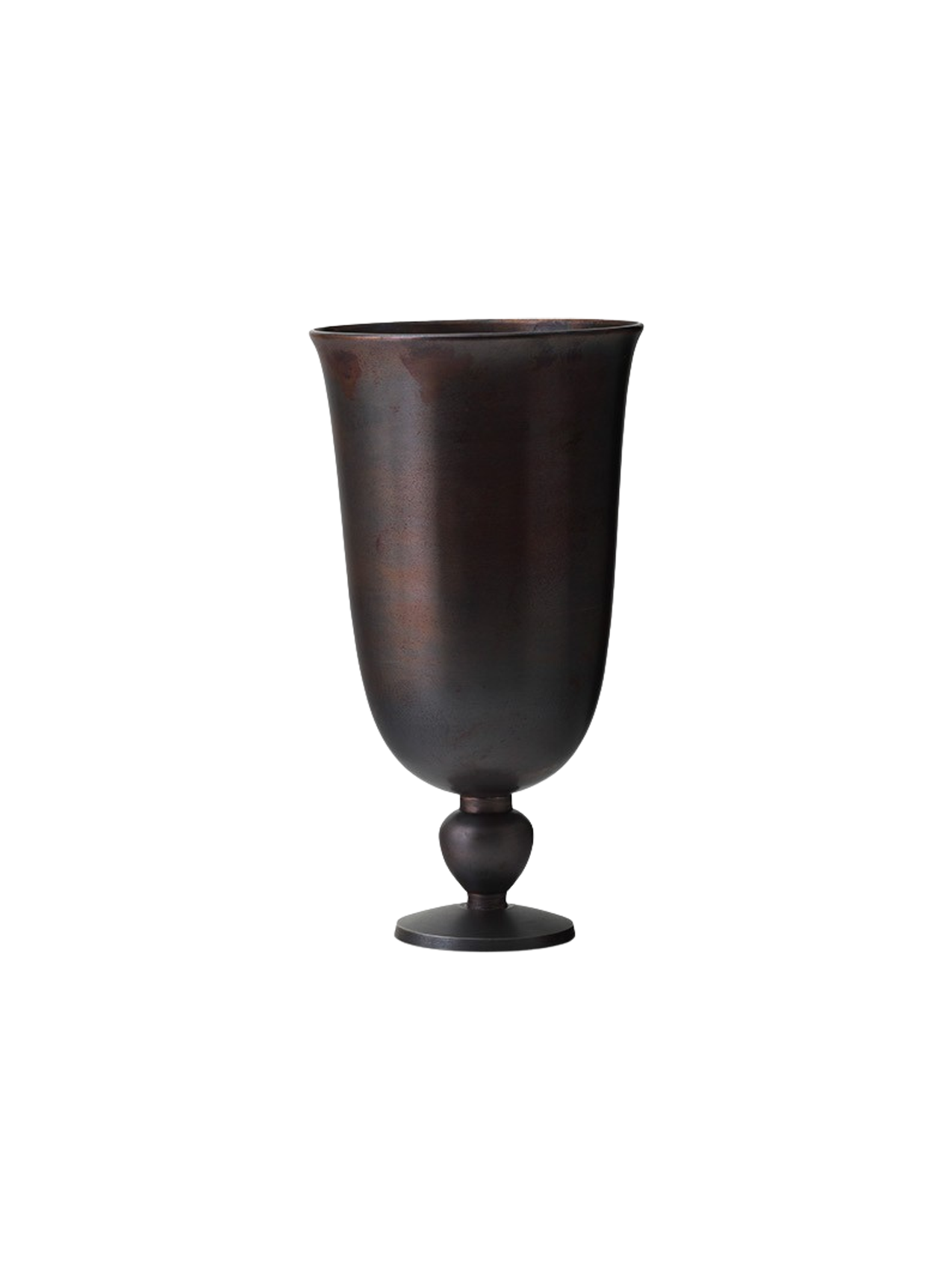 Front view of a chalice-shaped vase in a dark, burnished bronze finish, with a wide rim and a knot on its stem.