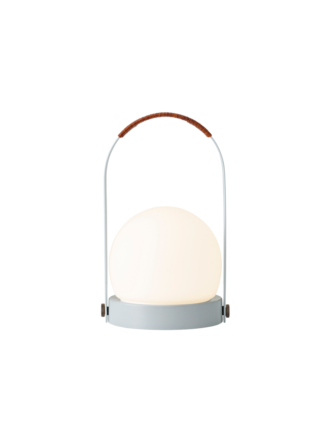 Portable Carrie Table Lamp in Linen Blue with an illuminated opal glass shade and a brown leather-wrapped handle.
