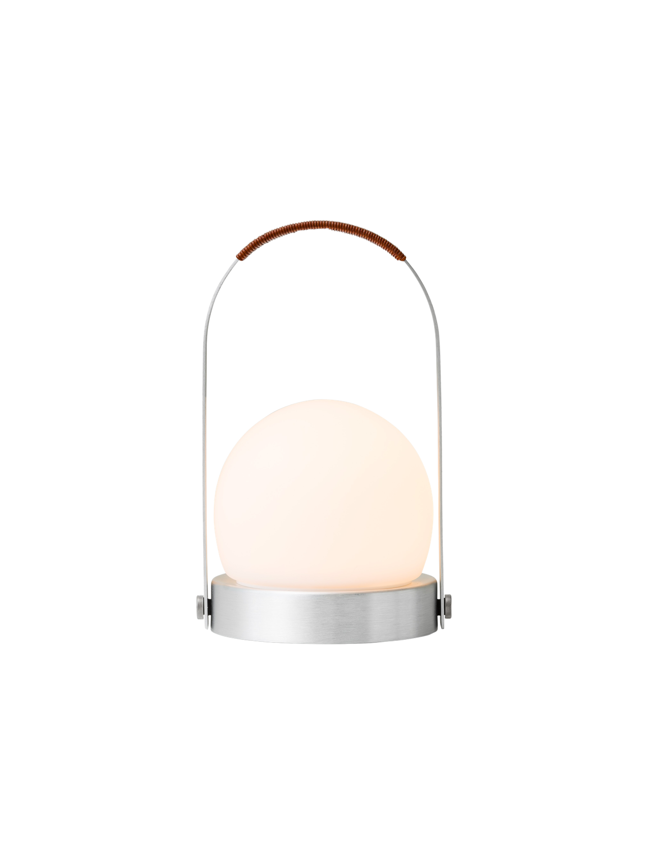 Illuminated Carrie Table Lamp featuring a brushed aluminium base, glowing opal shade and a leather-wrapped handle.