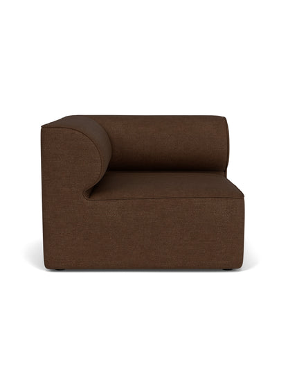 A straight-on view of the Eave Modular Sofa 96 Left Corner module, upholstered in a textured brown Audo Bouclé 07 fabric.
