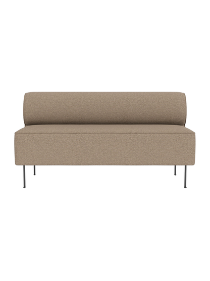 Front view of the Eave Dining Sofa in Logan Flint, with an armless design, rounded back and slender black legs.