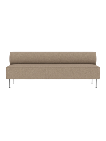 Front view of the Eave Dining Sofa in Logan Flint fabric. The minimalist sofa has a low backrest and slim metal legs.