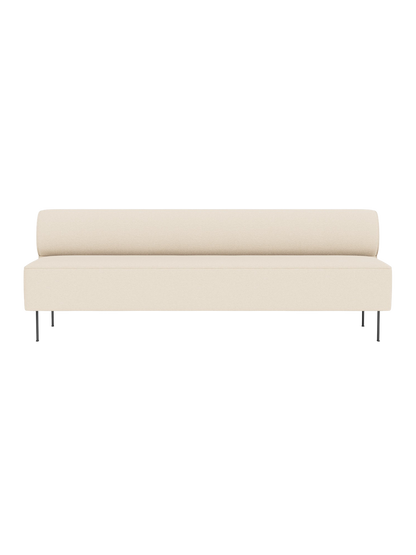 Front view of the Eave Dining Sofa in Logan Jasmine, a light cream-coloured fabric, with thin black metal legs.