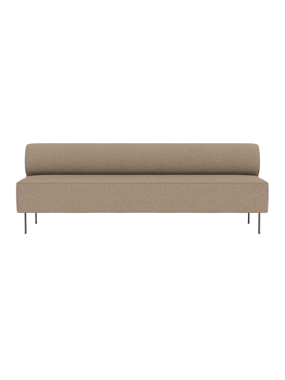 A front view of the Eave Dining Sofa in textured Logan Flint fabric, with a long seat, low back, and slender metal legs.