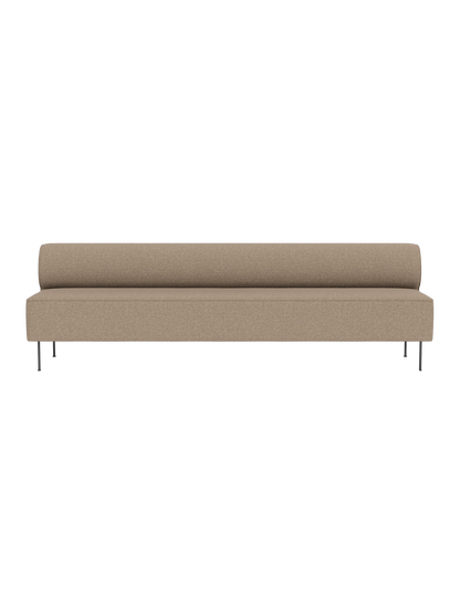 Front view of the Eave Dining Sofa in Logan Flint. A minimalist, light brown sofa with a low back on slim metal legs.