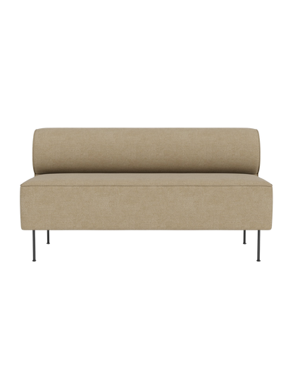 A front-on photograph of the Eave Dining Sofa upholstered in light beige Audo Bouclé 02 fabric, on thin black metal legs.