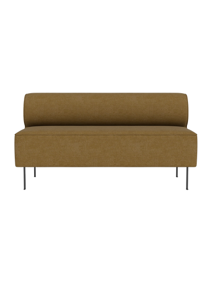 A front view of the Eave Dining Sofa, open section module upholstered in Audo Bouclé 06, a textured golden-brown fabric.