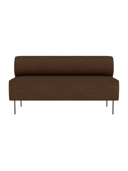 Front view of the Eave Dining Sofa in a textured brown fabric. The minimalist sofa has a low backrest and slender metal legs.