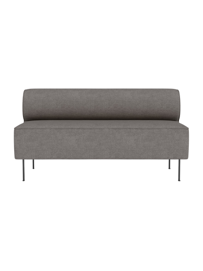 Front view of the Eave Dining Sofa upholstered in grey Audo Bouclé fabric, featuring a rounded backrest and slim metal legs.