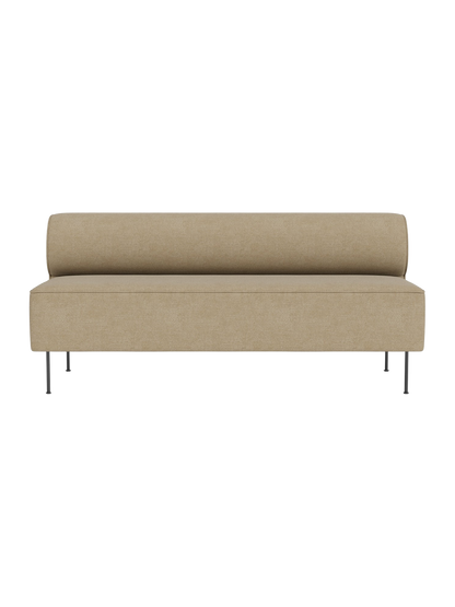Front view of the Eave Dining Sofa in a light brown fabric. The sofa has a minimalist design with a cylindrical backrest.