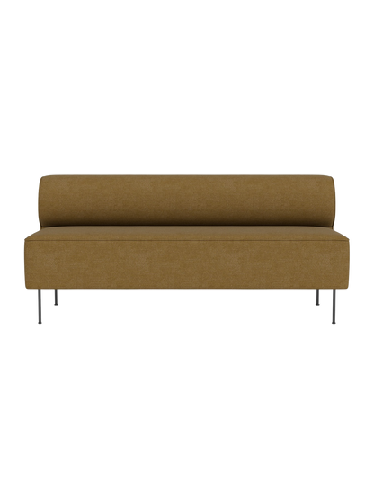 A front view of the Eave Dining Sofa, upholstered in a mustard-yellow textured fabric on slender metal legs.