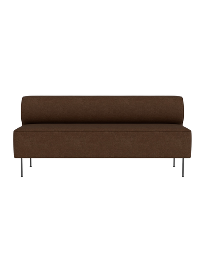 Front view of the Eave Dining Sofa in a brown textured fabric, a minimalist design with a low back and slim metal legs.