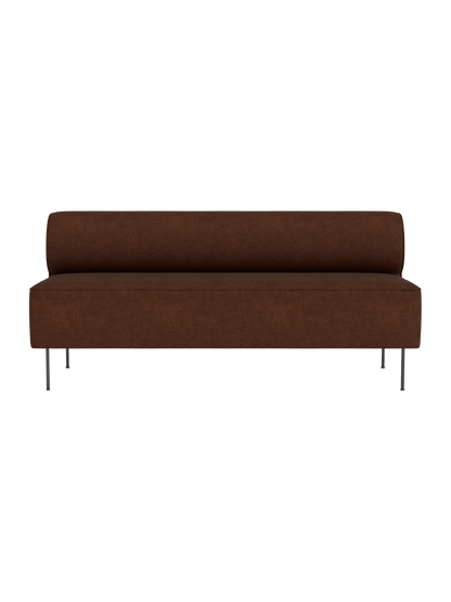 Front view of the Eave Dining Sofa in textured brown fabric, with a long seat and backrest on slender metal legs.