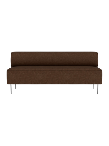 Front view of the Eave Dining Sofa, an open section module, in brown textured fabric with a low back and slim metal legs.
