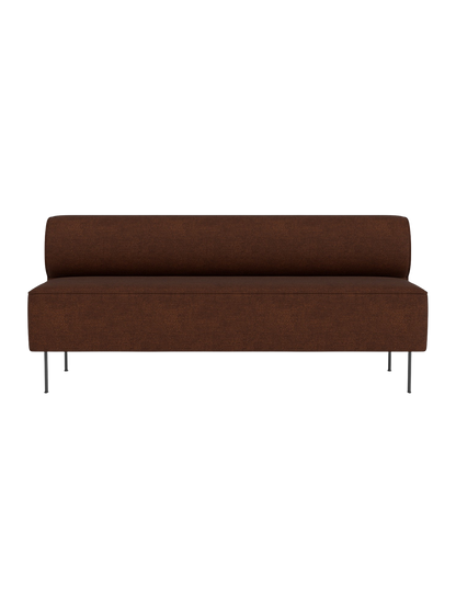 Front view of the Eave Dining Sofa, an open section module upholstered in a textured brown fabric with slender metal legs.
