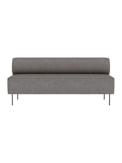 Front view of the Eave Dining Sofa in Audo Bouclé 16, a light grey textured fabric, showing its low back and slim metal legs.