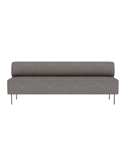 A front view of the Eave Dining Sofa, open section module, in a textured grey Audo Bouclé 16 fabric on slim metal legs.