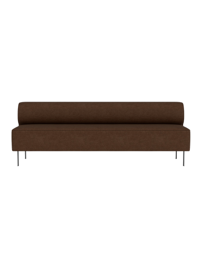 Front view of the Eave Dining Sofa, an armless banquette in brown textured fabric with a low back and thin metal legs.