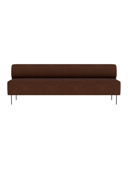 Front view of the Eave Dining Sofa. The long, armless sofa is upholstered in a textured brown fabric and has thin metal legs.