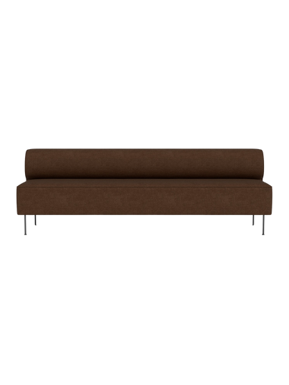 Front view of the Eave Dining Sofa. The long, minimalist sofa is upholstered in brown textured fabric with slim metal legs.