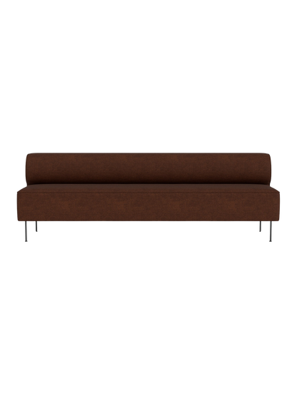Front view of the Eave Dining Sofa, a long, minimalist sofa in textured brown fabric with a low back and thin legs.