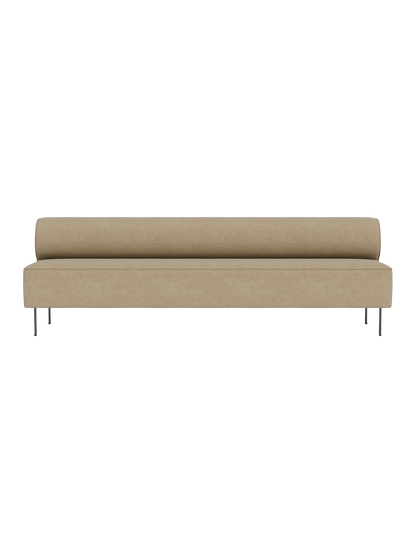 Front view of the Eave Dining Sofa, an open section module, upholstered in a light brown fabric with slender metal legs.