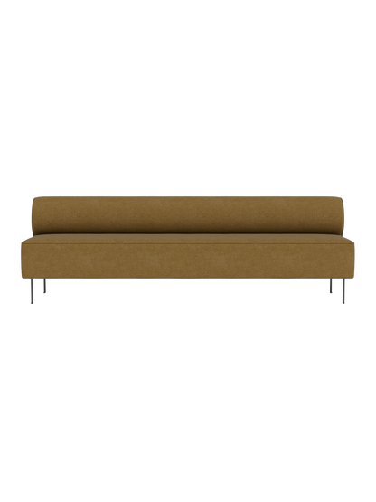 A front view of the Eave Dining Sofa, Open section modules, in a mustard-coloured fabric with thin, dark metal legs.