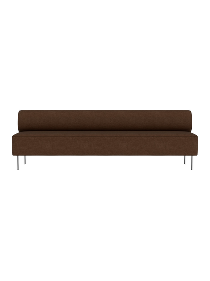 Front view of the Eave Dining Sofa, an open section module in brown fabric with a long, low profile on thin metal legs.